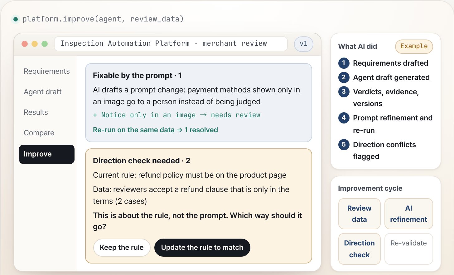 Inspection Automation Platform — Reconstructed screen · synthetic data